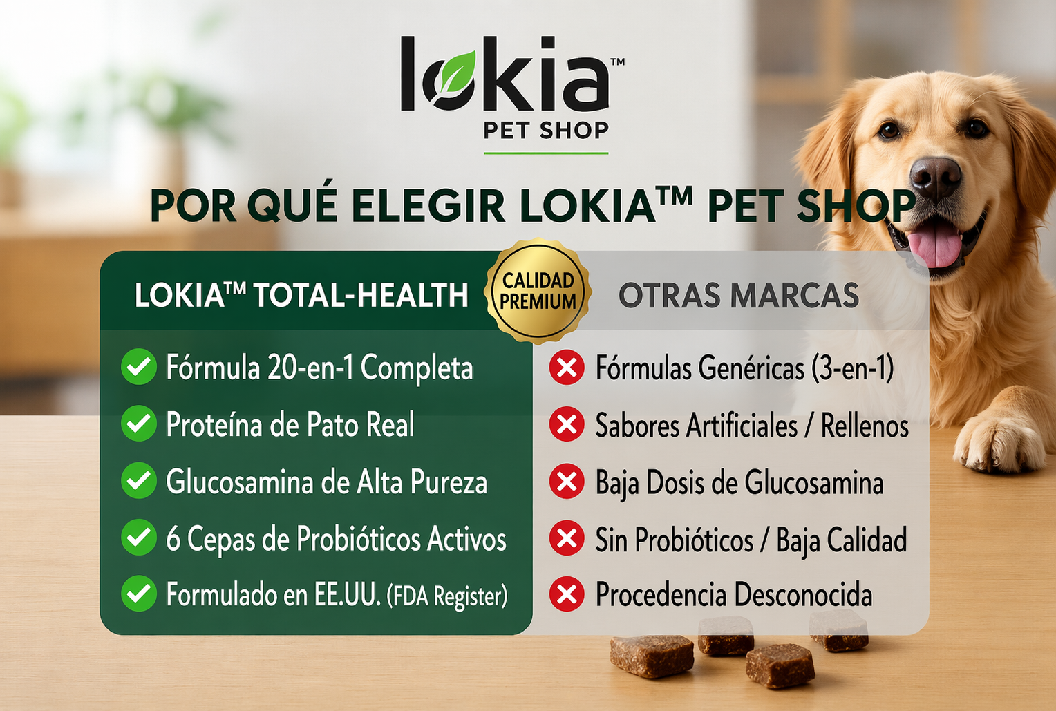 Lokia™ Total-Health: Multivitamínico 20-en-1 para Perros | Glucosamina, Probióticos y Omega-3 | Sabor Pato (120 bocados)