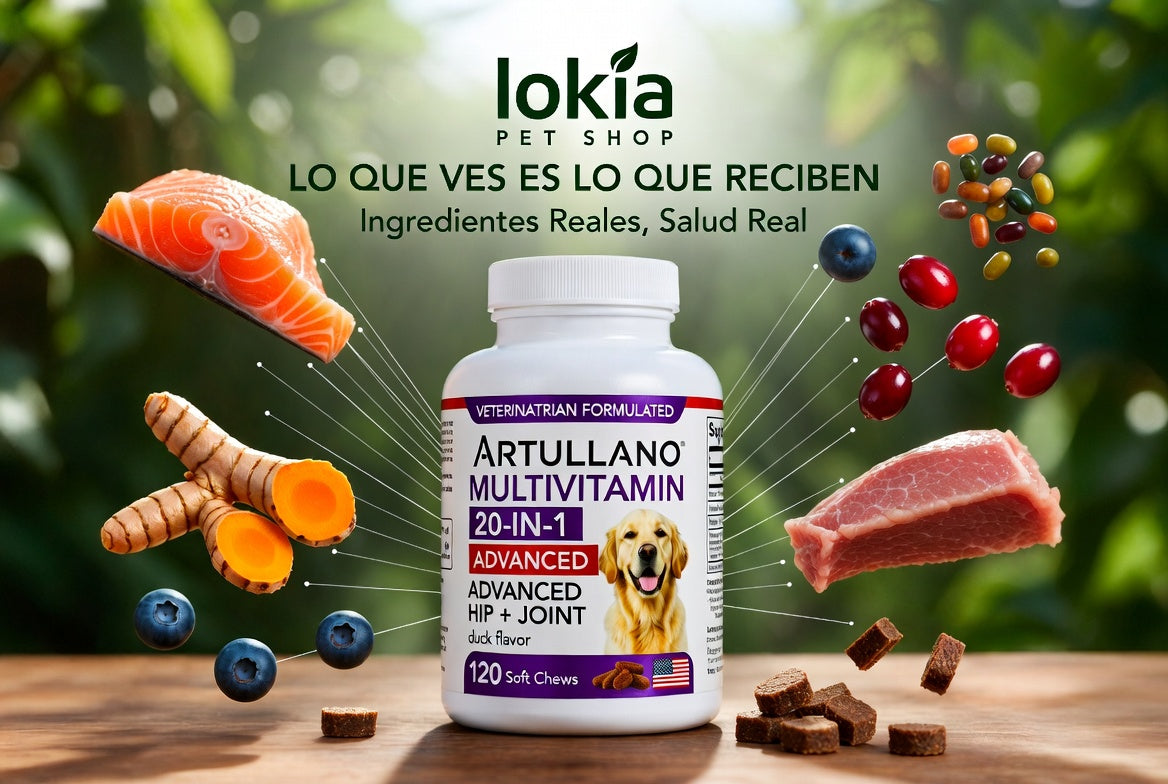 Lokia™ Total-Health: Multivitamínico 20-en-1 para Perros | Glucosamina, Probióticos y Omega-3 | Sabor Pato (120 bocados)
